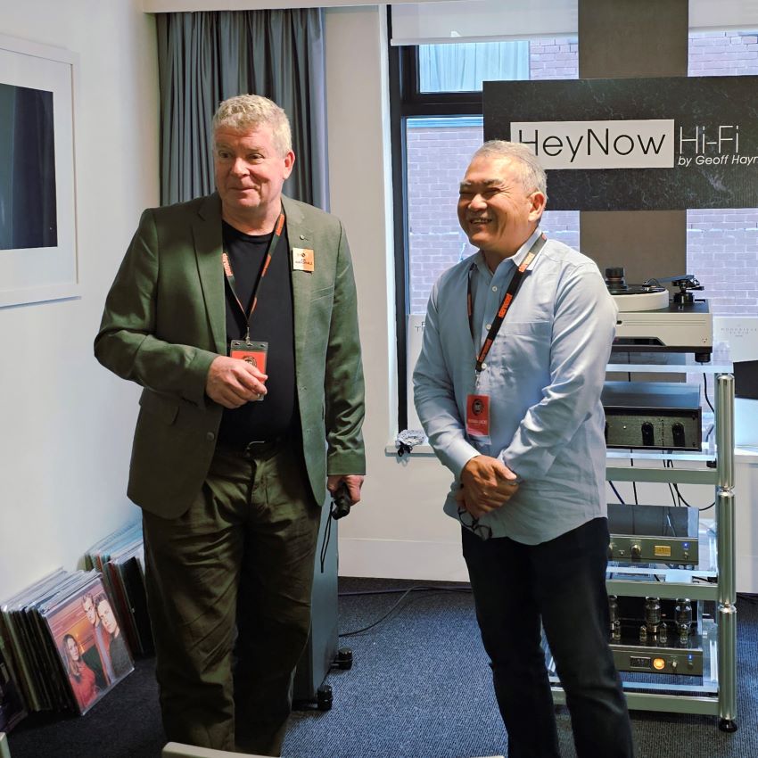 Yutaka "Jack" Miura Managing Director of Air Tight japanese tube amplifier manufacturer and Andrew Hutchison host of Not An Audiophile in the Hey Now HiFi room StereoNet HiFi and AV Show 2025 Melbourne